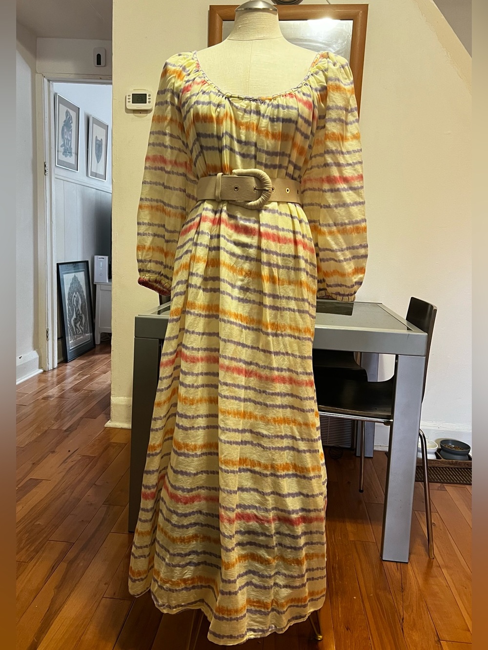 Zara Butter Yellow Maxi MooMoo Dress with Yellow, Orange & Purple Stripes